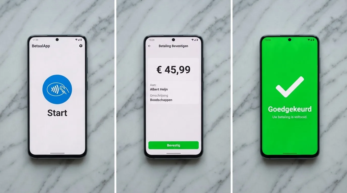Drie schermen van een mobiele betaling: app openen, bedrag bevestigen, betaling goedgekeurd